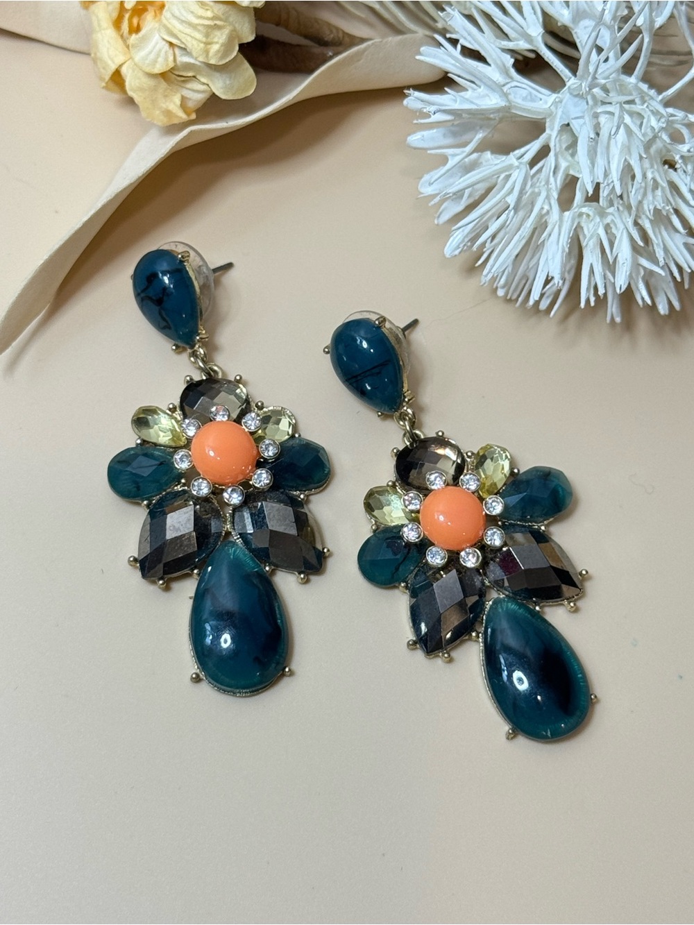 Statement Teal Orange Rhinestone Floral Drop Pierced Earrings Gold Tone